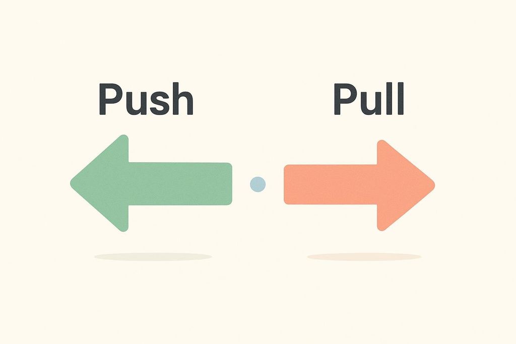 A green arrow points left under the word 'Push', and an orange arrow points right under the word 'Pull'. A small blue dot sits between the two arrows. This image represents PAILs and RAILs stretching techniques.