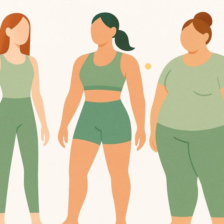 An illustration showing three women of different body types standing next to each other, all wearing green activewear. From left to right: a tall, slender woman; a woman with an athletic build; and a woman with a larger, curvier figure.