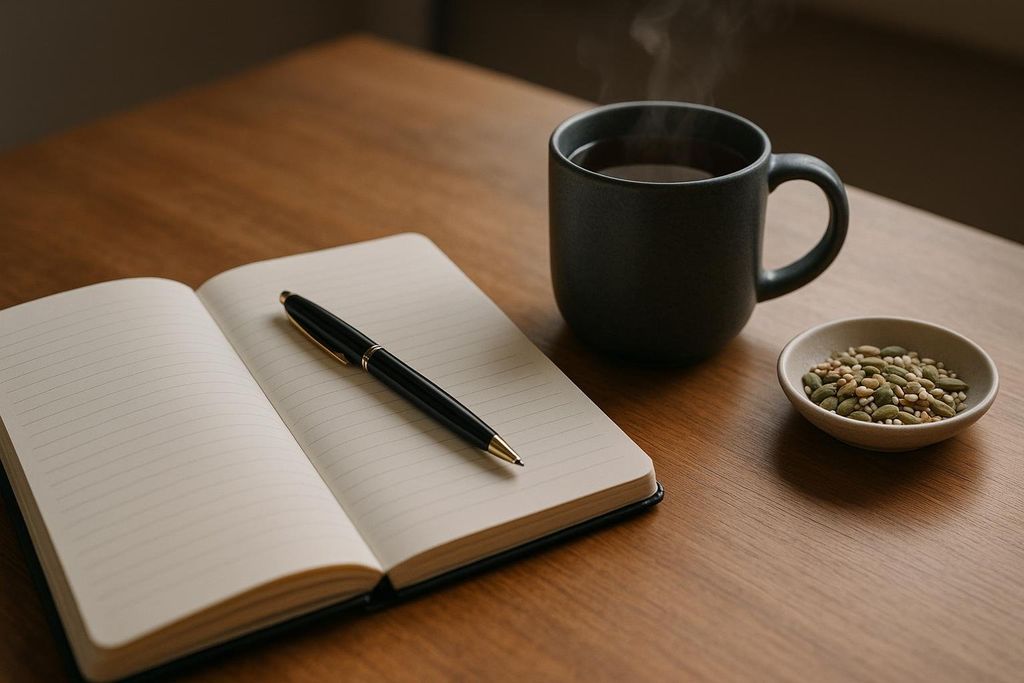 An open, lined notebook with a black and gold pen resting on it. To the right, a steaming dark grey mug of tea and a small dish filled with mixed seeds, including pumpkin seeds, are arranged on a wooden table.