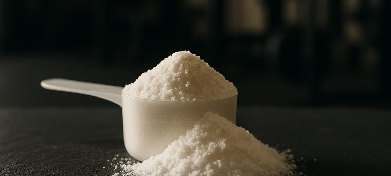 Close-up of a white plastic scoop overflowing with creatine powder, with additional powder spilled on a dark, textured surface. The background is dimly lit and out of focus.