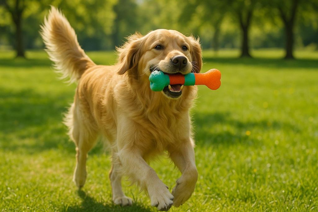 A joyful golden retriever runs across a sunny green park, carrying a brightly colored green and orange bone toy in its mouth.