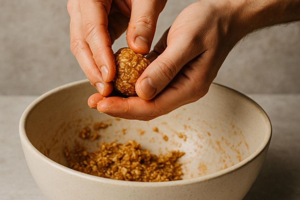 Close-up of hands forming a sticky, light brown oat mixture into a compact ball. A ceramic bowl with more of the mixture sits below.