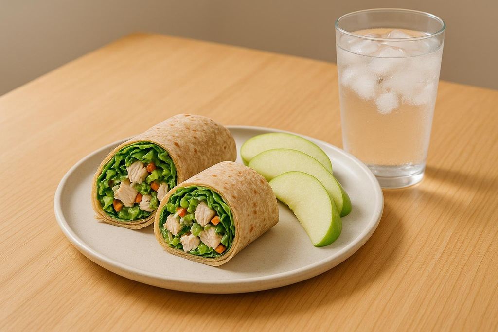 Close-up of two chicken salad wraps filled with lettuce, chicken, and carrots, served on a white plate with sliced green apples and a glass of ice water on a wooden table.
