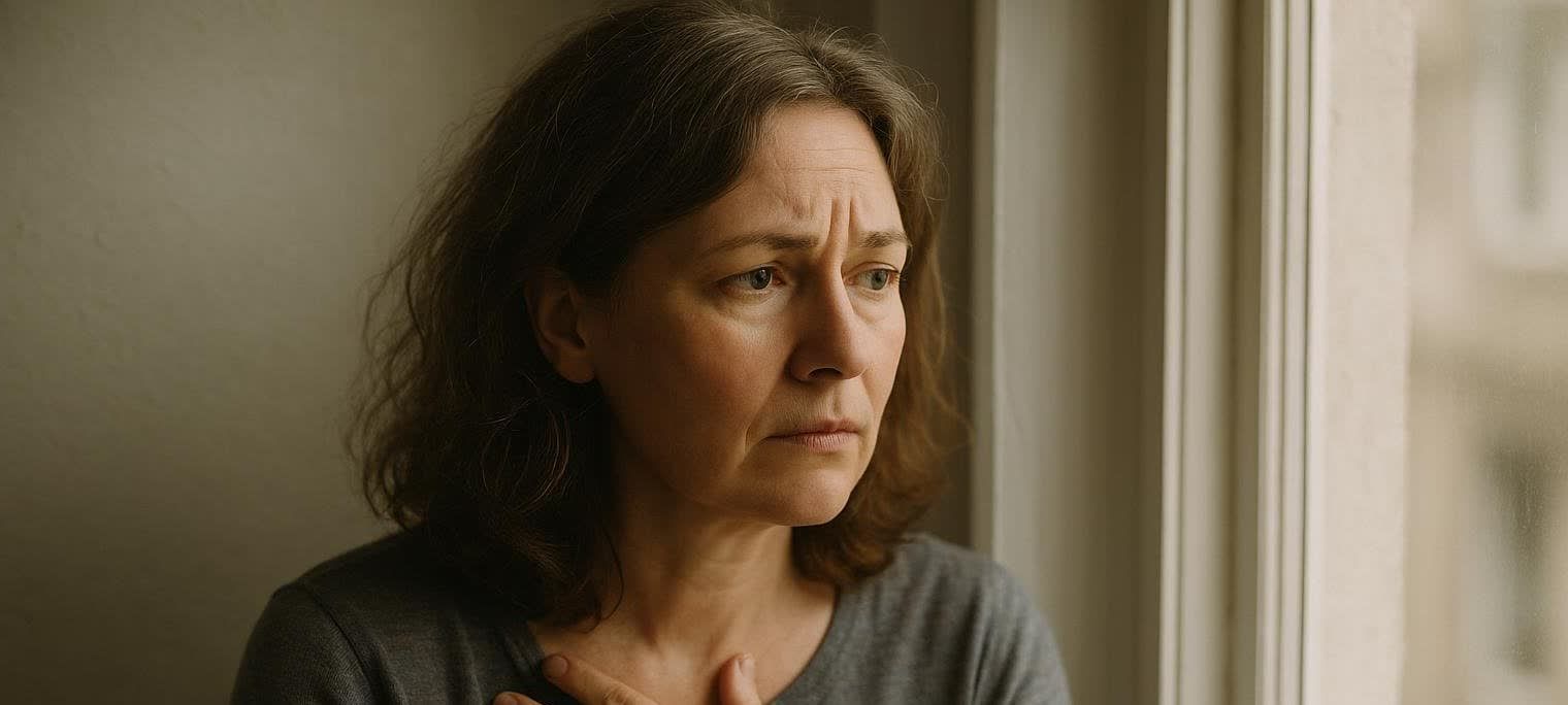 A middle-aged woman with worried expression, looking out a window while gently touching her chest, possibly indicating discomfort or heart symptoms.