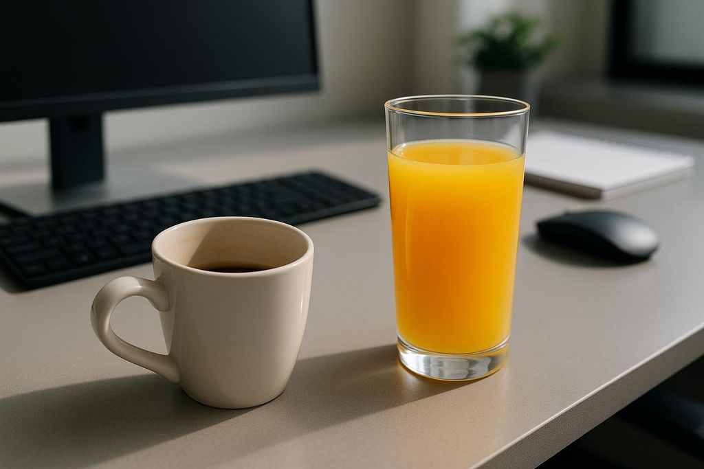 A full glass of orange juice next to a mug of black coffee on a grey desk. A black computer monitor, keyboard, and mouse are visible in the background.