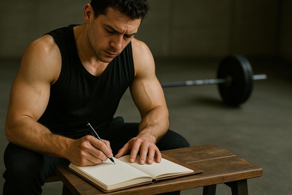A muscular man in a black tank top intently writing in a notebook with a pen while sitting on a wooden bench in a gym. A barbell is blurred in the background.