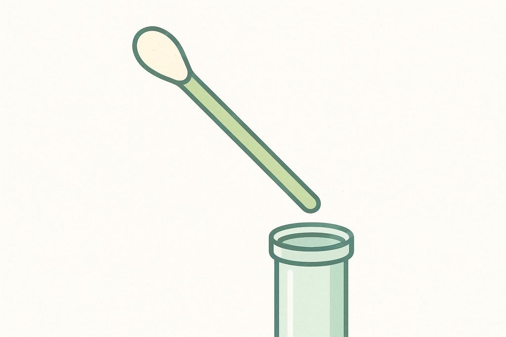 An illustration of a saliva collection swab positioned above the opening of a test tube, ready for sample collection.