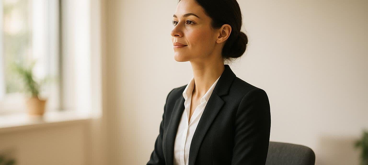 A professional woman with dark hair pulled back, wearing a black blazer and white shirt, sitting with perfect upright posture and looking thoughtfully to her left. A blurred window and plant are visible in the background.
