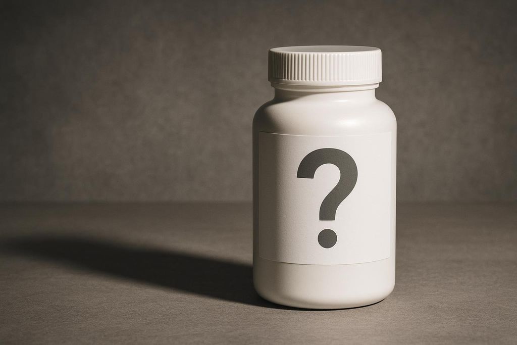 An unlabeled white supplement bottle with a large black question mark on its side, symbolizing the regulatory uncertainty or unknown contents of a product, particularly for items like detox teas.