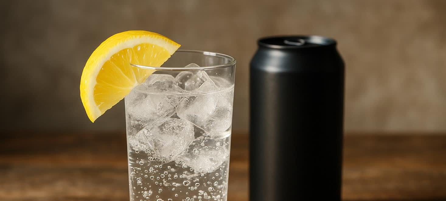 A clear glass of sparkling water sitting in front of a blurred dark beverage can.