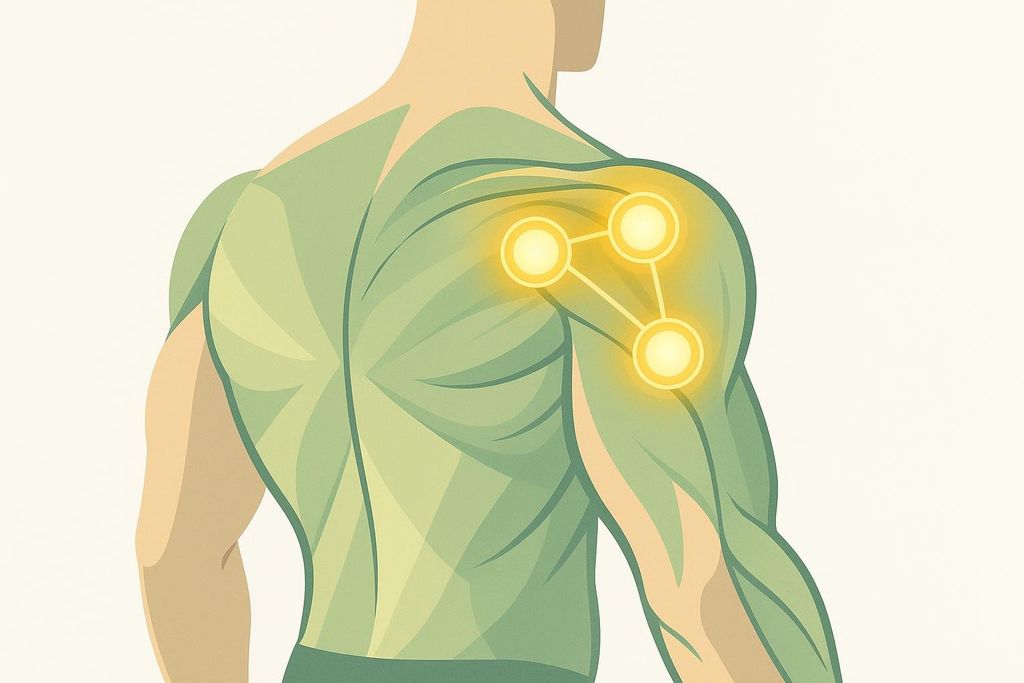 An abstract diagram showing the back of a person with green muscles, highlighting three glowing yellow circles connected by lines on the rear shoulder, indicating muscle activation.