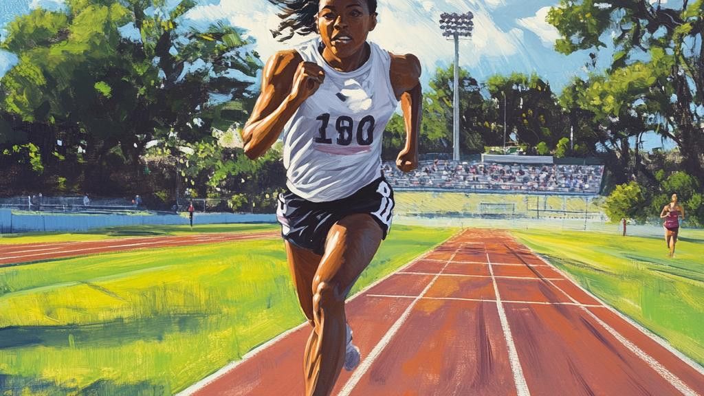 A vibrant painting depicts a female runner in full stride on a track, wearing a white tank top with '190' on it and black shorts. Spectators are visible in the stands in the background, and tall trees line the track.