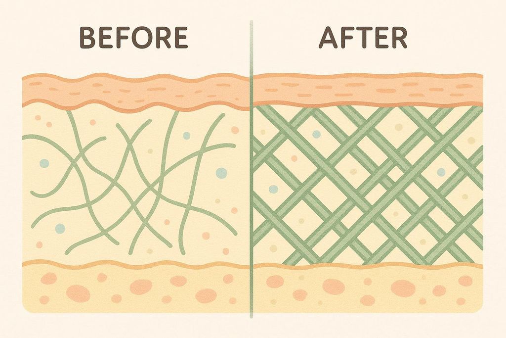 An illustration comparing a weak, sparse collagen matrix (Before) to a strong, dense, criss-crossing one (After), showing the effect on skin structure and firmness.