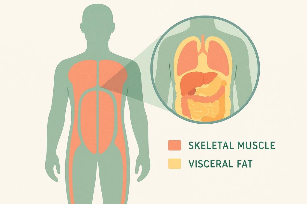 An illustration depicting the human silhouette with skeletal muscle highlighted in orange. A magnified circular inset shows the internal organs with visceral fat highlighted in yellow, along with a legend identifying both terms.