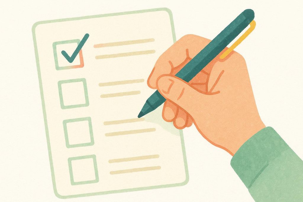 An illustration showing a hand holding a pen, putting a checkmark in the first box of a checklist item on a piece of paper.