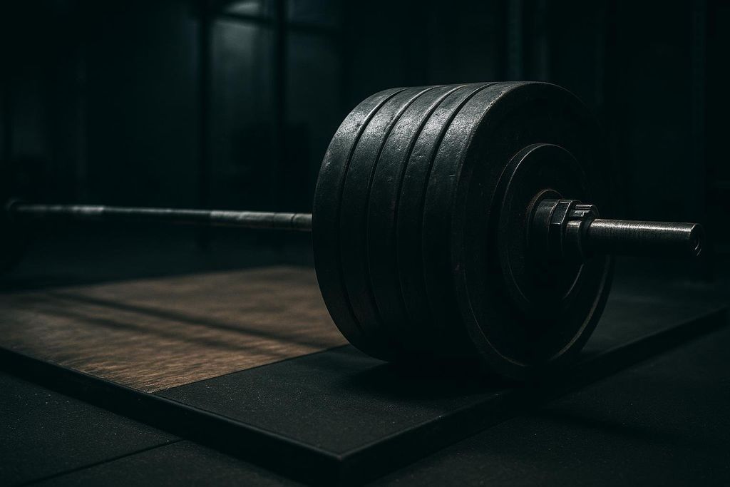 A low-angle view of a heavily loaded deadlift barbell resting on a weightlifting platform in a dimly lit gym.