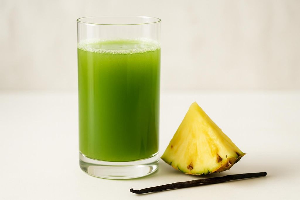 A glass of green drink with a pineapple wedge and vanilla bean next to it on a white surface.