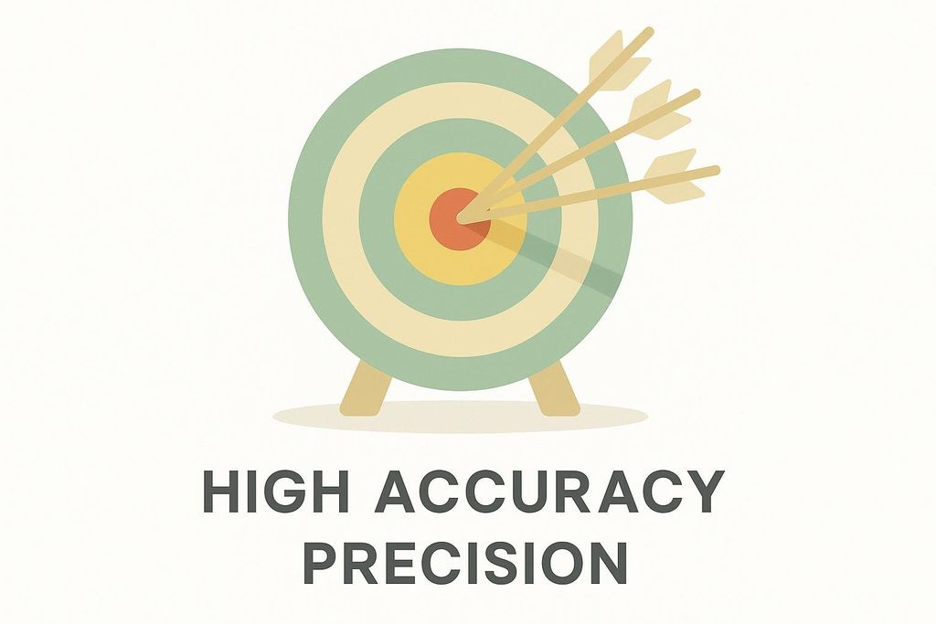 An infographic illustration featuring a target with three arrows all striking the bullseye. Below the target, the words 'HIGH ACCURACY PRECISION' are displayed.