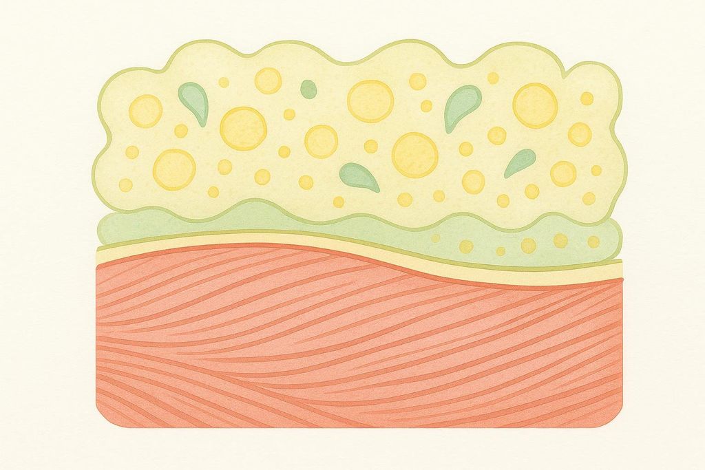 A stylized cross-section illustration showing distinct layers of muscle tissue, fat tissue, and a thinner connecting tissue. The muscle tissue is depicted with red wavy lines at the bottom, while the fat tissue layer above it is a lighter yellow with various sized yellow and green circular and teardrop shapes, representing fat cells. A thin green layer separates the muscle and fat, and another thin yellow layer is beneath the fat-cell layer.