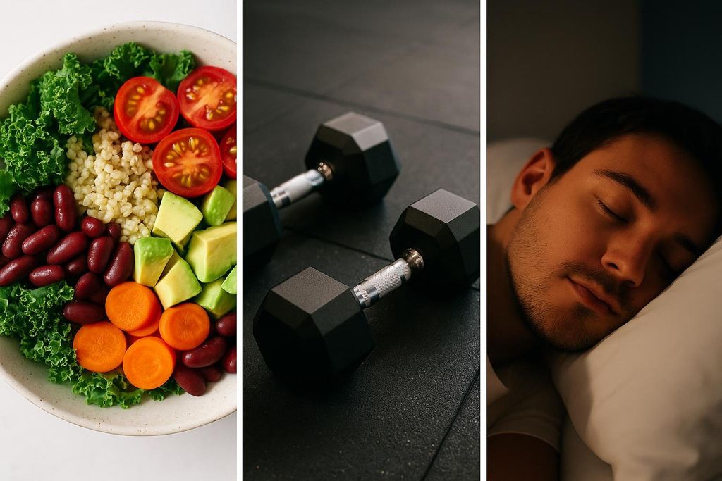 A triptych of images showing a vibrant, healthy meal with kale, tomatoes, and beans; two dumbbells on a dark gym floor; and a man peacefully sleeping on a white pillow. This represents the three pillars for health: nutrition, training, and sleep.