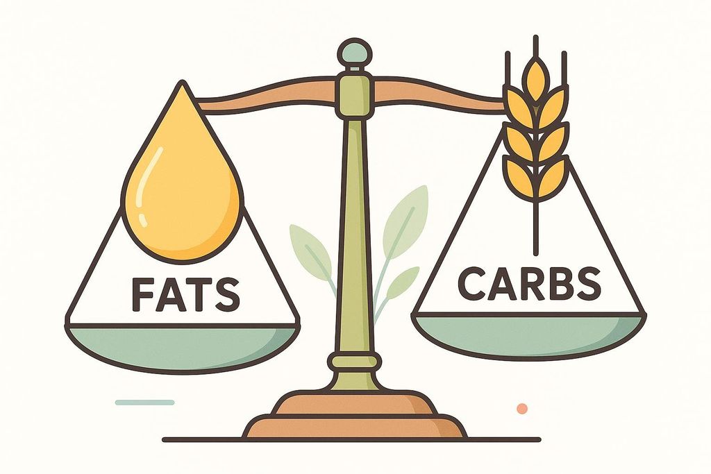 An illustration of a classic balance scale. On the left pan, labeled 'FATS', is a golden teardrop shape representing a drop of oil. On the right pan, labeled 'CARBS', are three golden stalks of wheat. The scale itself is green and brown, with small green leaves adorning its center post.