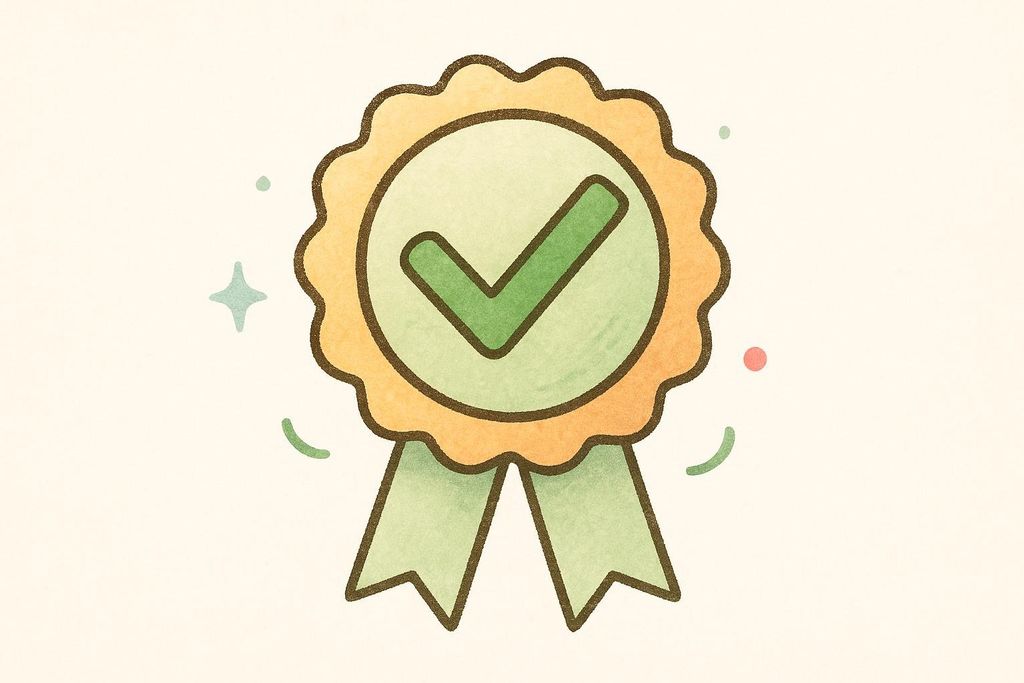 An illustration of a quality checkmark seal. The seal is rendered in a watercolor style, featuring a scalloped gold outer ring, a light green inner circle with a darker green checkmark, and two green ribbons hanging below. Small decorative elements like sparkles and dots are scattered around it on a light cream background.