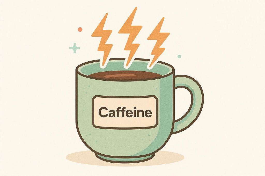 An illustration of a light green coffee mug with 'Caffeine' written on it, emitting three orange lightning bolt shapes as steam, indicating energy or stimulation.