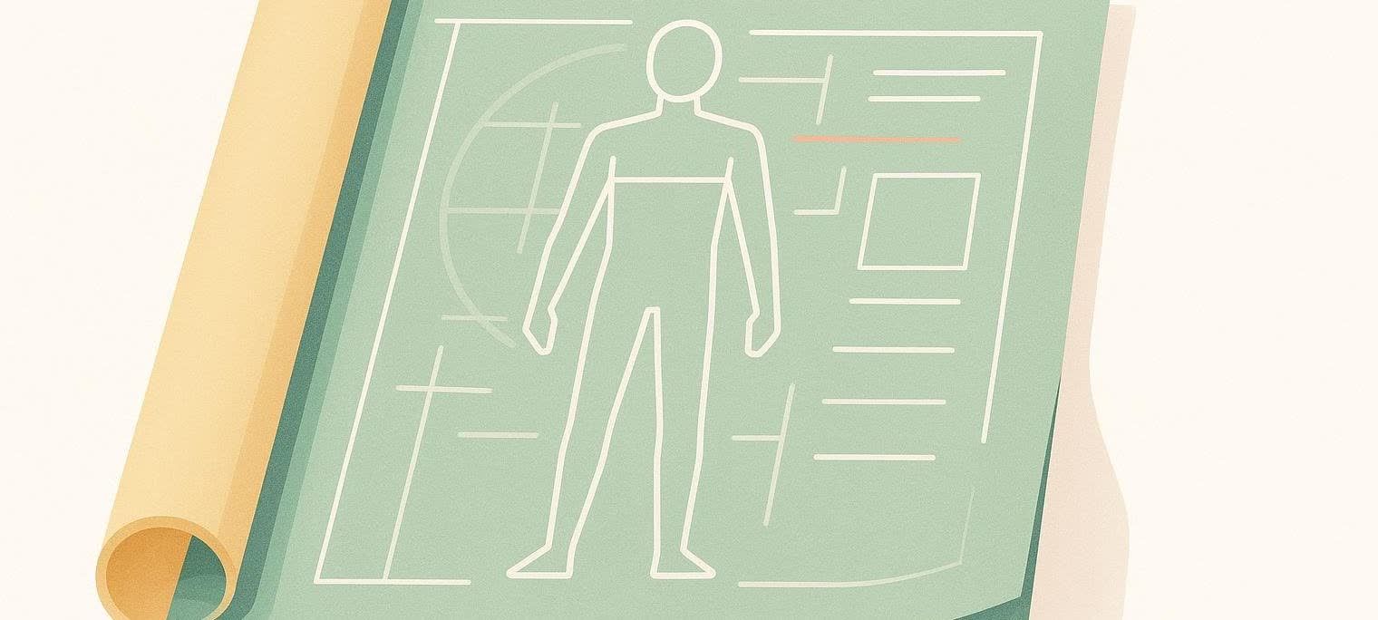 An illustration of a human silhouette as part of a technical blueprint or schematic on a light green paper, which is rolled up at the left edge. The design includes grid lines and horizontal text lines.