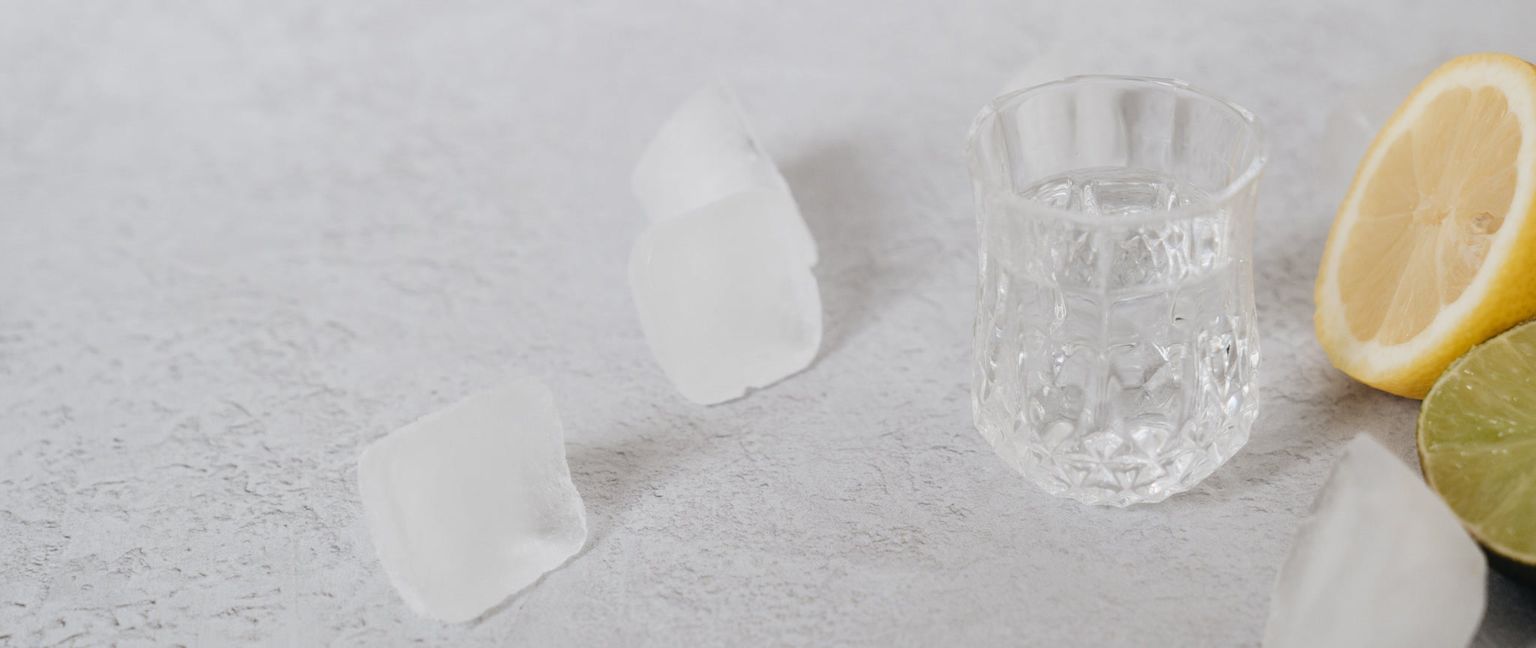 Close-up of uneven ice cubes, a small glass of water, and slices of lemon and lime against a light grey patterned background.
