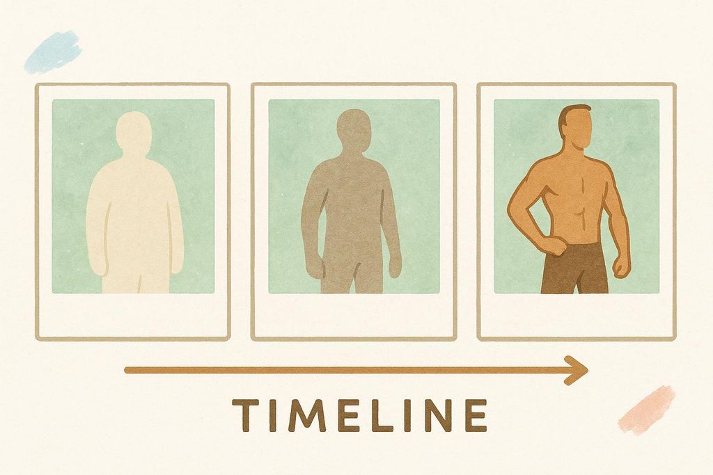 An illustration depicting a timeline with three square photos showing a white silhouette of a body, a brown silhouette of a body with less fat, and an illustration of a muscled body with arms crossed.