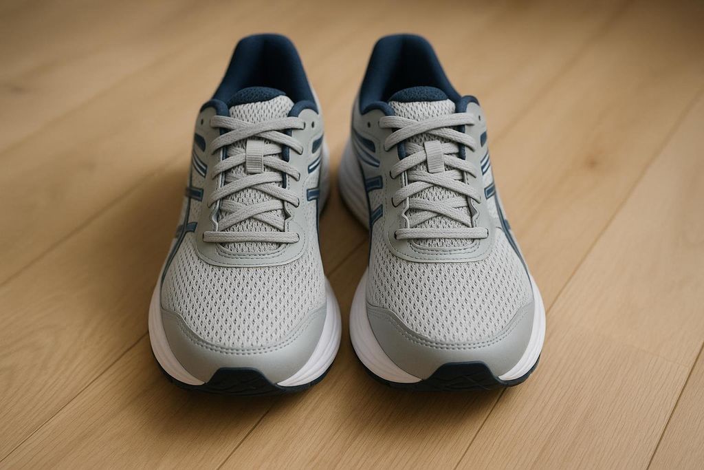 A pair of grey and blue Asics running shoes are placed side-by-side on a light-colored wooden floor, facing the viewer directly. The shoes have mesh uppers and prominent laces.