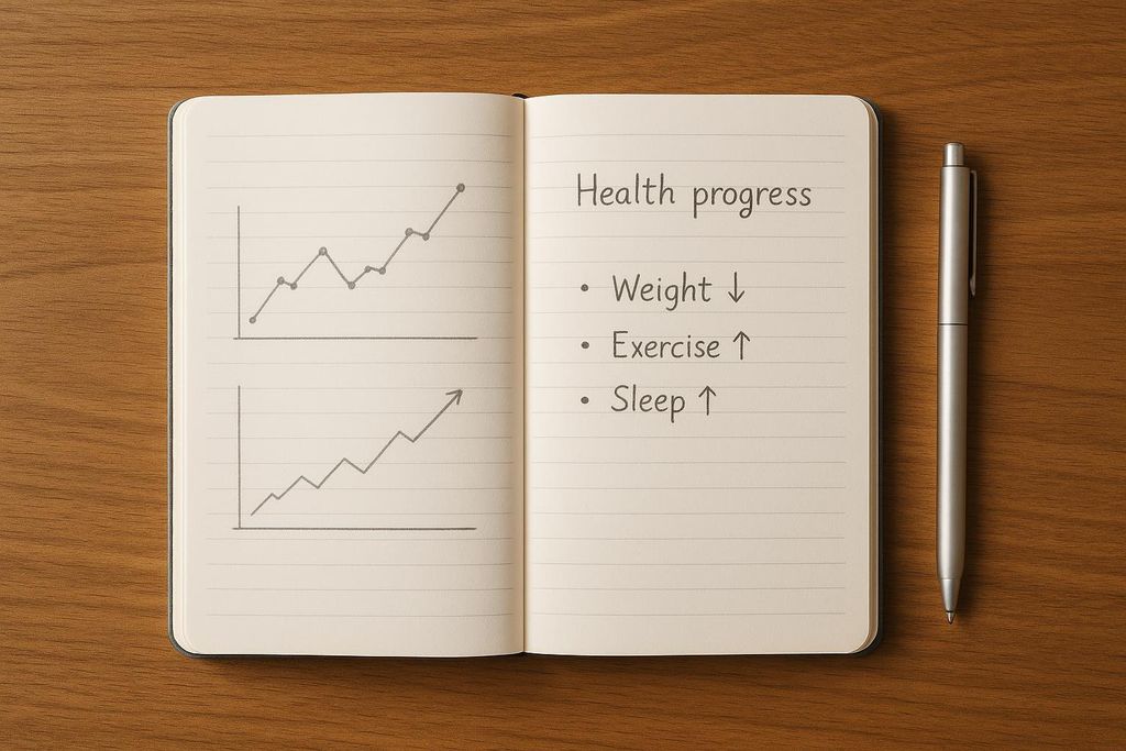 An open journal on a wooden table with hand-drawn line graphs and a list titled 'Health progress' with bullet points: 'Weight ↓', 'Exercise ↑', 'Sleep ↑'. A silver pen lies next to the journal.