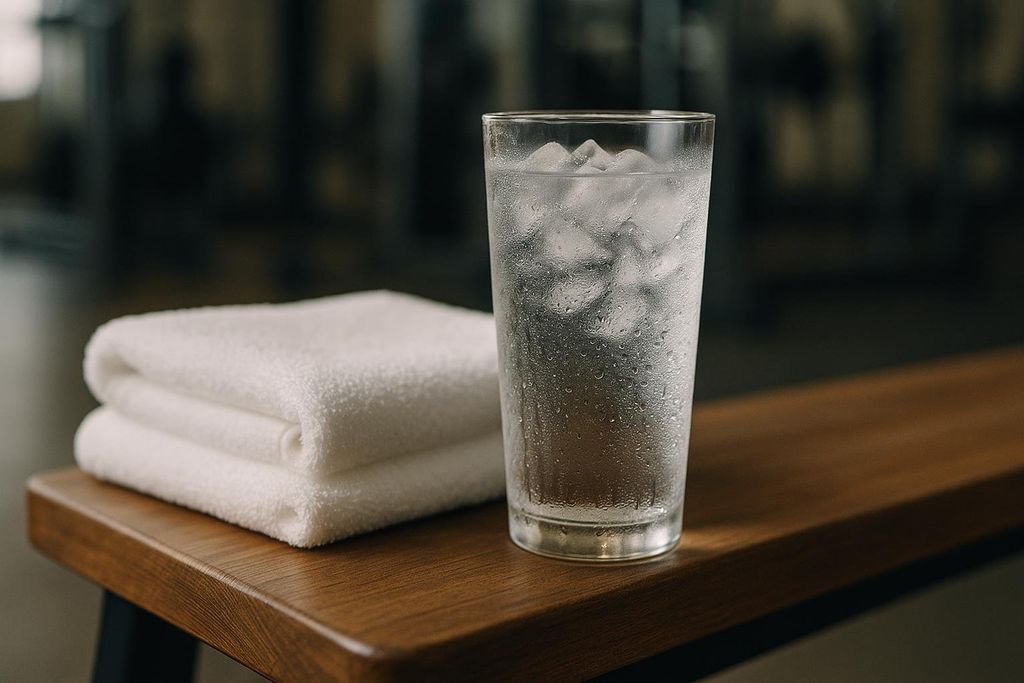 A close-up of a glass of cold water with ice and condensation, next to a stack of two folded white towels, resting on a wooden gym bench. The background is blurred, showing a dark gym interior.