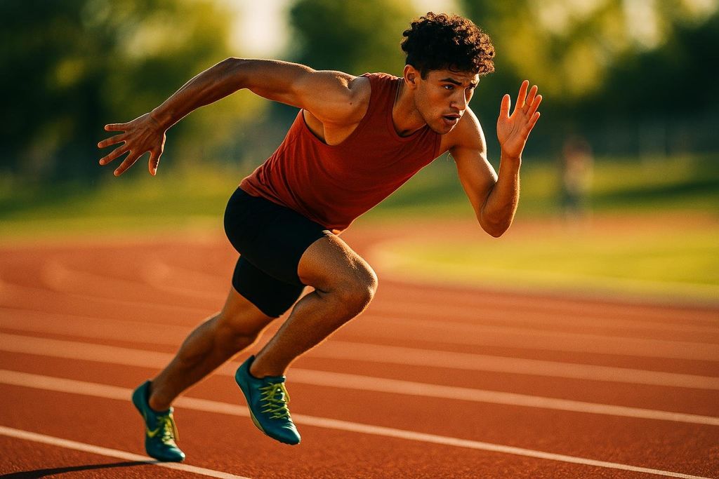 A teen athlete exerting explosive energy during a sprint