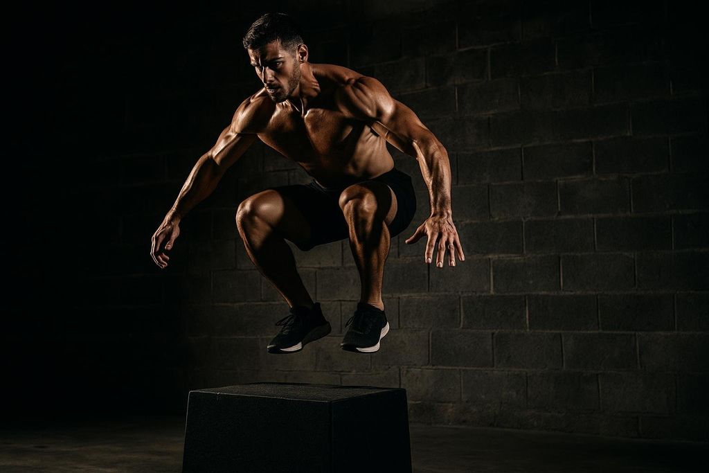 A muscular, shirtless man in athletic shorts and trainers is captured mid-air, having jumped from a dark box in a dimly lit gym. His body is in a squat position, muscles tensed, with a serious expression, indicating a powerful athletic movement.