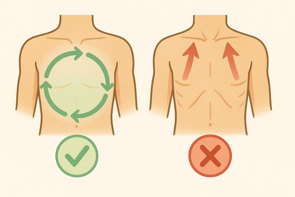 Illustration comparing correct abdominal breathing (green arrows, checkmark) with incorrect shallow chest breathing (red arrows, X mark).