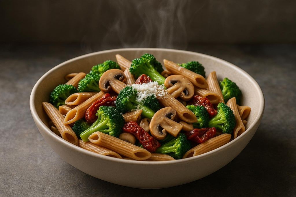 A close-up shot of a steaming bowl of whole-wheat penne pasta primavera, featuring vibrant green broccoli florets, sliced brown mushrooms, and reddish-brown sun-dried tomatoes, topped with a sprinkle of grated cheese.