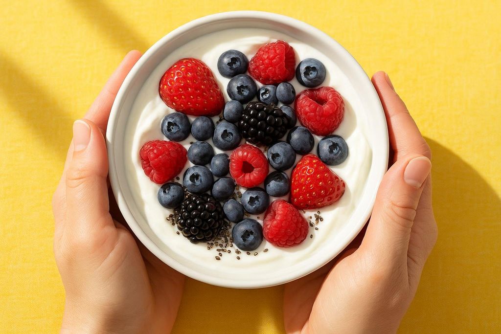 Overhead shot of two hands holding a white bowl filled with yogurt and topped with strawberries, blueberries, raspberries, blackberries, and a sprinkle of chia seeds, on a yellow background.