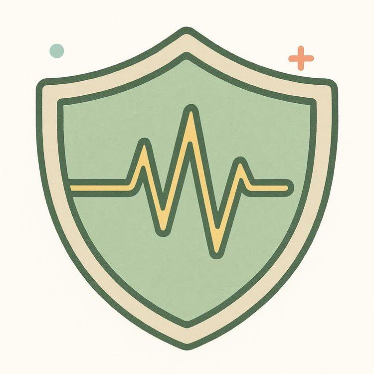An icon of a green shield with a yellow heart rate line or ECG inside it. A small light blue circle is in the top left and a small orange plus sign is in the top right, suggesting health or medical themes.