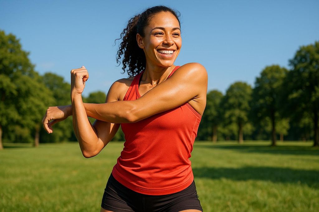 A smiling female athlete with curly hair, wearing a red tank top and black shorts, stretches her arm across her body in a sunny park with green grass and trees in the background.