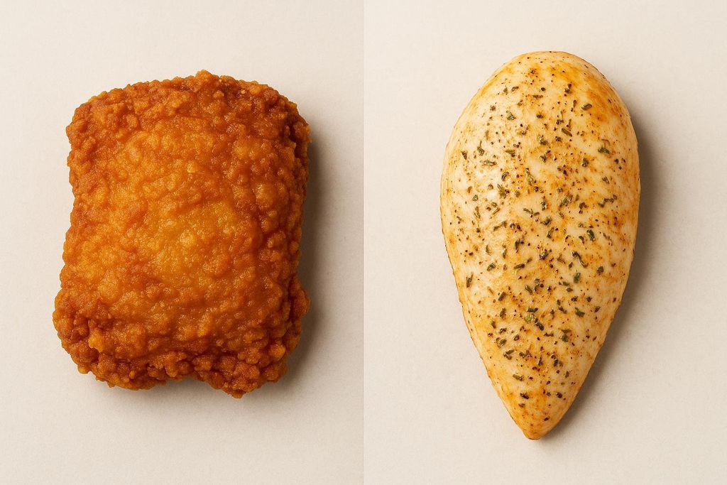 A side-by-side comparison of a piece of golden-brown fried chicken and a lean, seasoned baked chicken breast. The image visually represents a healthier dietary choice.