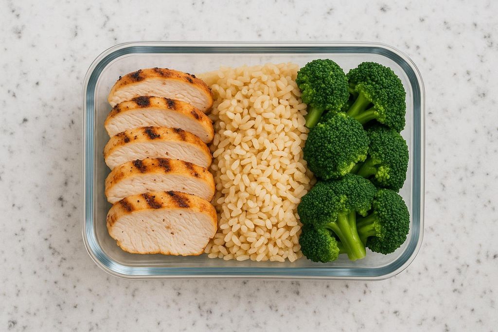 An overhead view of a glass meal prep container filled with sliced grilled chicken breast, brown rice, and steamed broccoli florets, arranged neatly in separate sections on a speckled white surface.