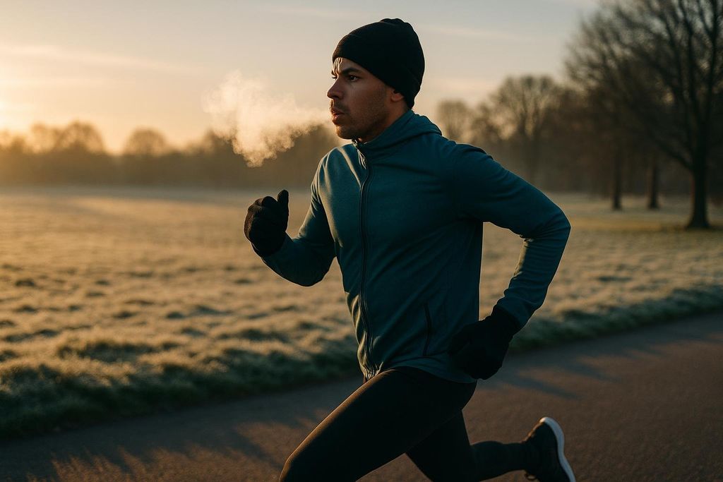 A man in a black beanie, gloves, and teal jacket runs outdoors on a winter morning. His breath is visible as a cloud of vapor in the cold air, with a frosty field and trees in the background under a soft sunrise.