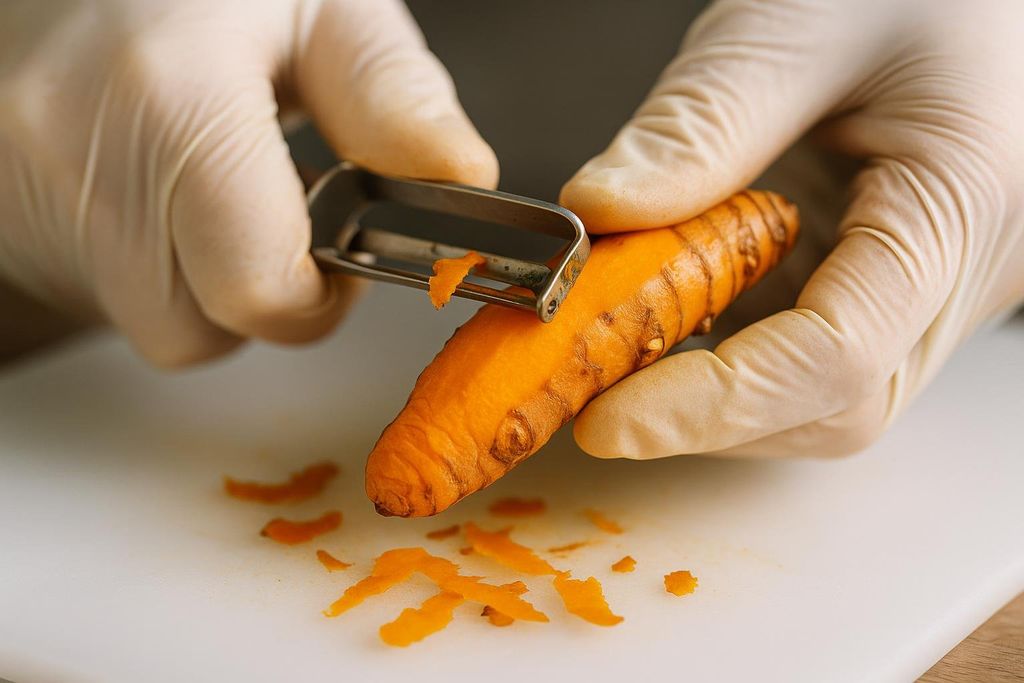 Close-up of hands in light-colored gloves using a peeler to remove the skin from a vibrant orange turmeric root on a white cutting board. Small pieces of turmeric peel are scattered on the board.