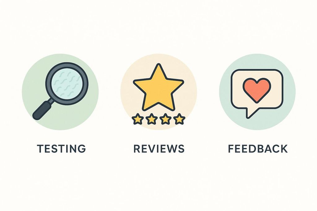Three circular icons on a light background. From left to right: a magnifying glass in a green circle, representing 'TESTING'; a gold star with four outlined stars below it in a yellow circle, representing 'REVIEWS'; and a speech bubble with a red heart inside in a light blue circle, representing 'FEEDBACK'.