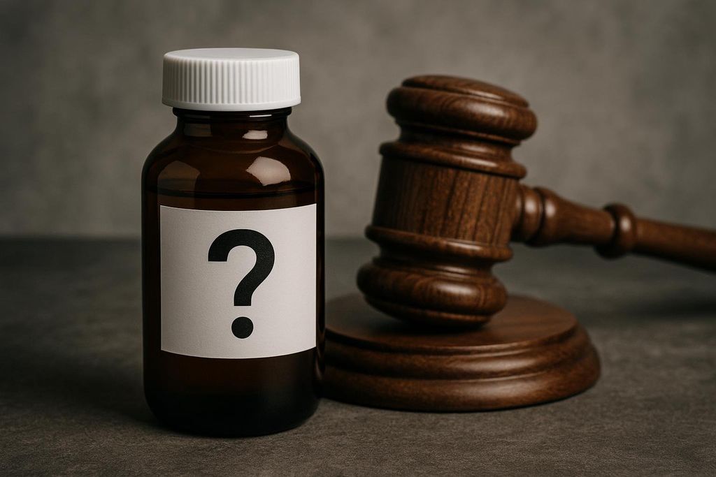 A brown medicine bottle with a question mark label stands next to a wooden judge's gavel on a dark gray surface, symbolizing legal uncertainty or questions surrounding a medical substance.