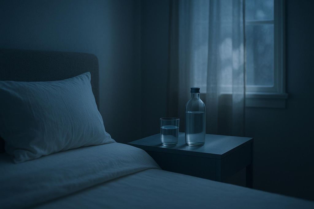 A peaceful nighttime bedroom scene with a glass of water and a water bottle on the nightstand, next to a bed with white sheets and a pillow. A window with sheer curtains is visible in the background, dimly lit by moonlight.