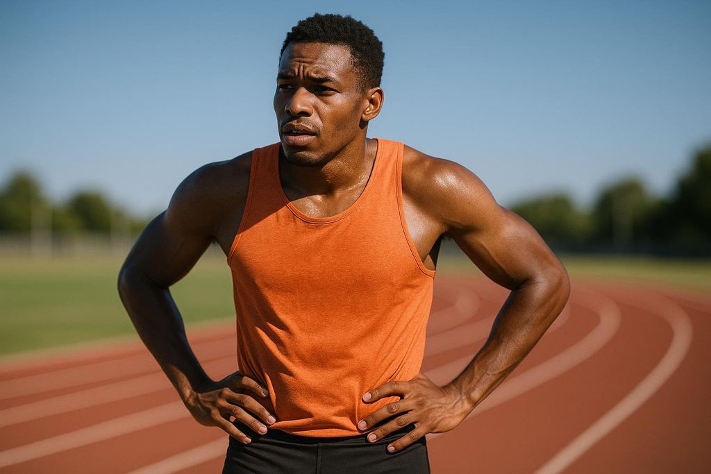 An endurance athlete with dark skin and an orange tank top, sweating while resting with hands on hips on a running track with a clear blue sky in the background.