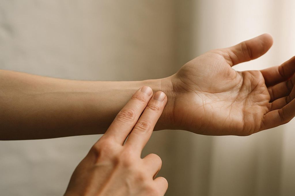 Close-up of a hand checking the pulse on a wrist, demonstrating how to measure heart rate.