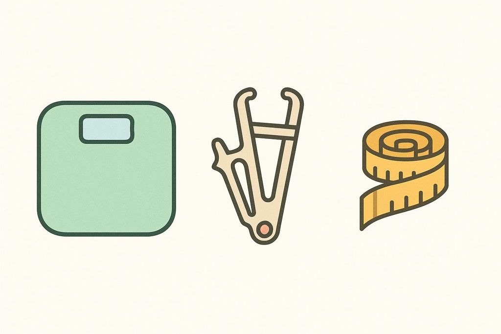 Icons depicting a bathroom scale, skinfold calipers, and a tape measure, which are all common tools for at-home body composition or muscle measurement.